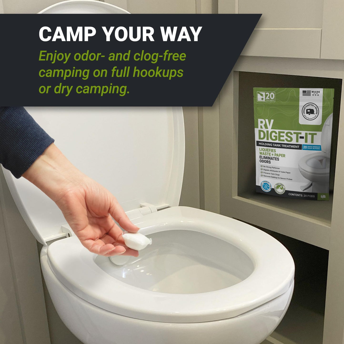 Unique RV Digest-It Classic RV Toilet Treatment, Drop-In Pod - Convenient, Dissolvable, Mess-Free - Eliminates Odors and Liquifies Waste (20 Pods)