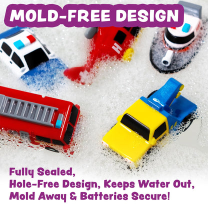 Tub Works® Emergency™ Cars Light Up Bath Toys, 6 Pack | Water-Activated Light Up Toys Flash & Change Color | Soft, Squeezable Baby & Toddler Bath Toys | Sensory Toys with Bath Lights for Kids Bath