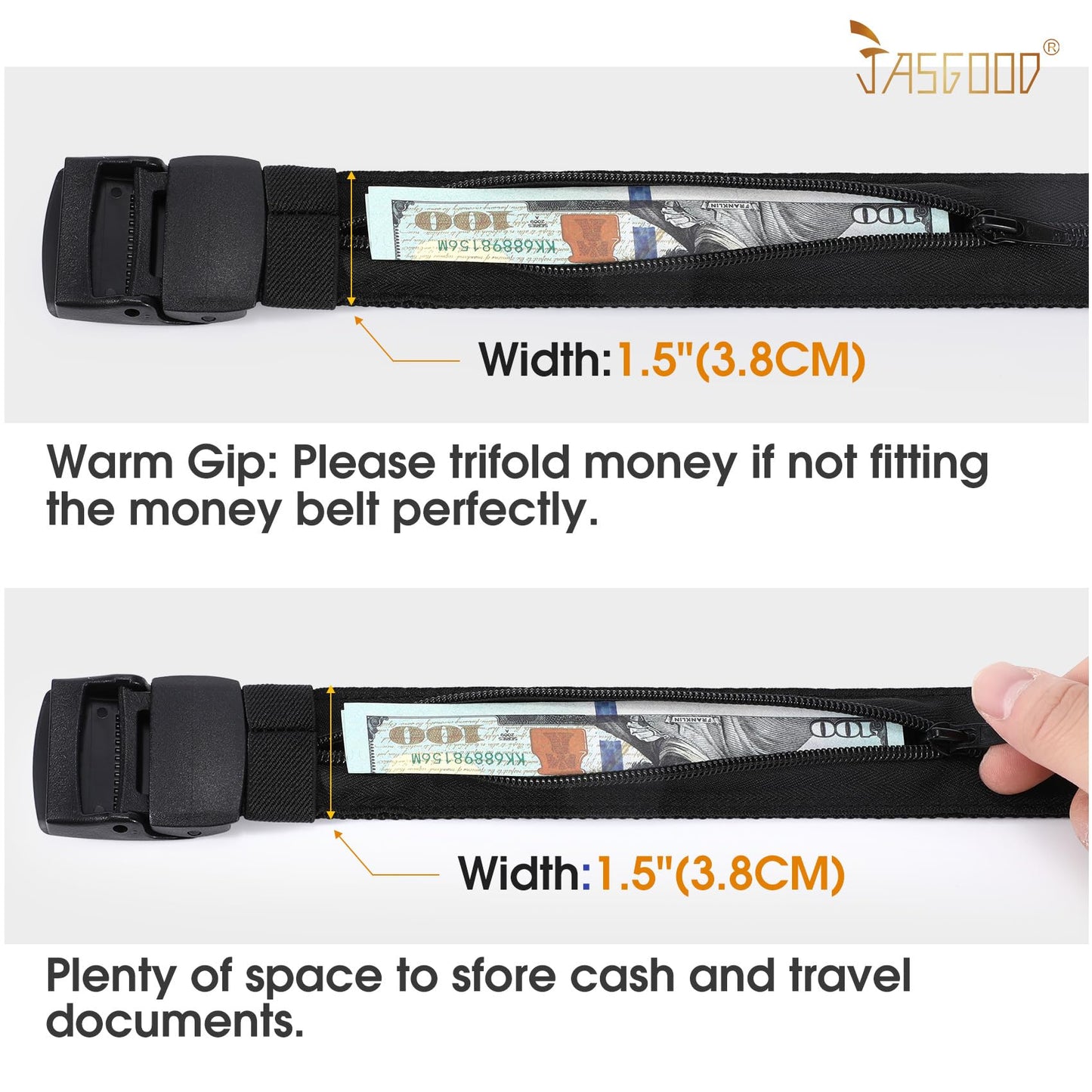 Travel Security Money Belt with Hidden Money Pocket - Cashsafe Anti-Theft Wallet Unisex Nickel free Nylon Belt by JASGOOD A-black