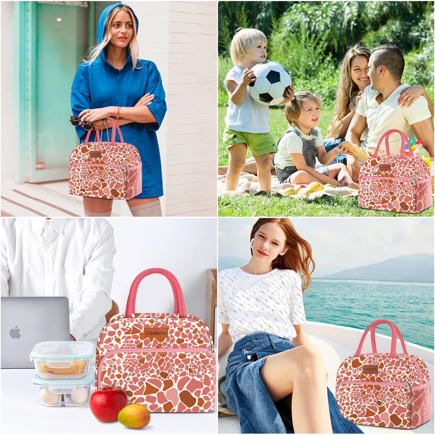 Coobiiya Lunch Bag Women, Lunch Box for Women Adult Men, Small Leakproof Cute Lunch Tote Large Capacity Reusable Insulated Cooler Lunch Container for Work/Office/Picnic/Travel-Pink Leopard