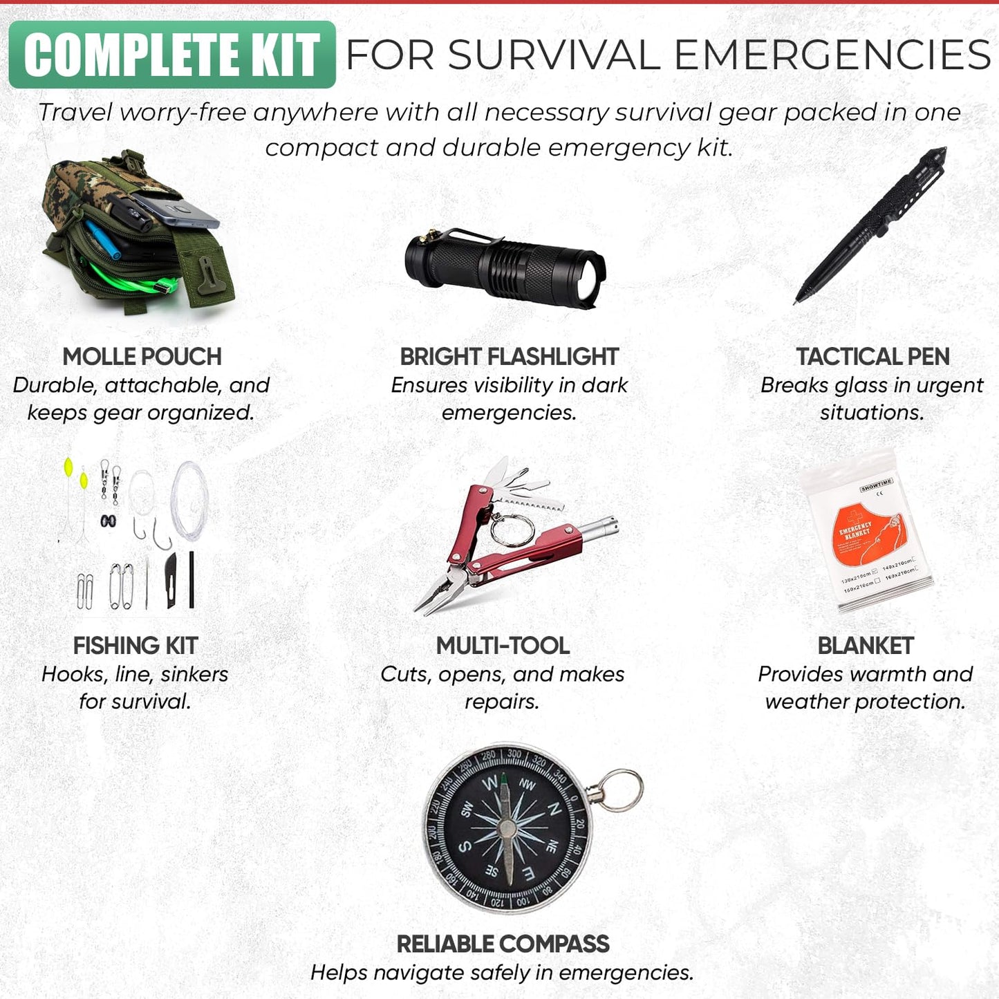 Survival Kit Emergency Supplies -67 Pcs, 14-in-1 Survival Gear: First Aid, Compass, Flashlight, Bracelet, plier, Saw & More for Outdoor Camping, Hiking & Survival. Gift for Men Boyfriends Boys Dads