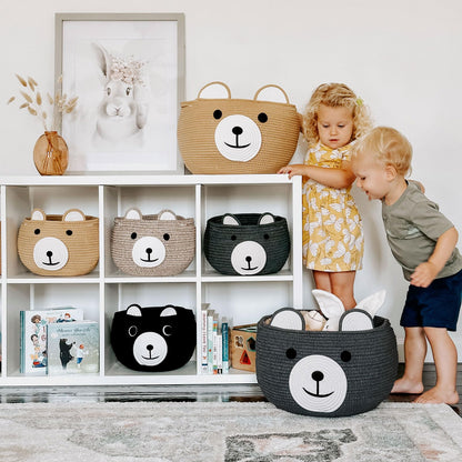 CherryNow Baby Basket for Nursery, Bear Gift Baskets for Kids, Baby Shower Basket with Handles, Small Cute Animal Baskets, Light Brown, 10.5"D x 8.5"H