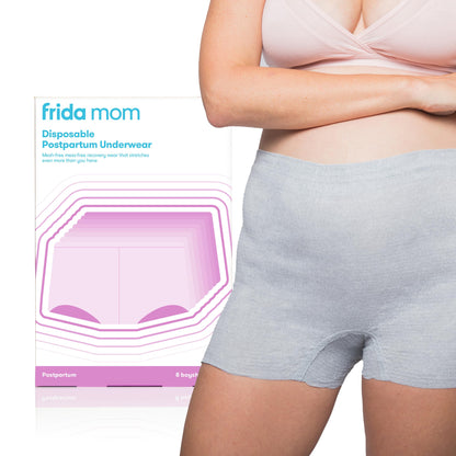 Frida Mom Women's Postpartum Underwear, Disposable Boyshort Underwear, Seamless with Stretchy Support, Postpartum Essentials, Size Regular (Waist 28"-42" Stretched), 8 Count, Grey