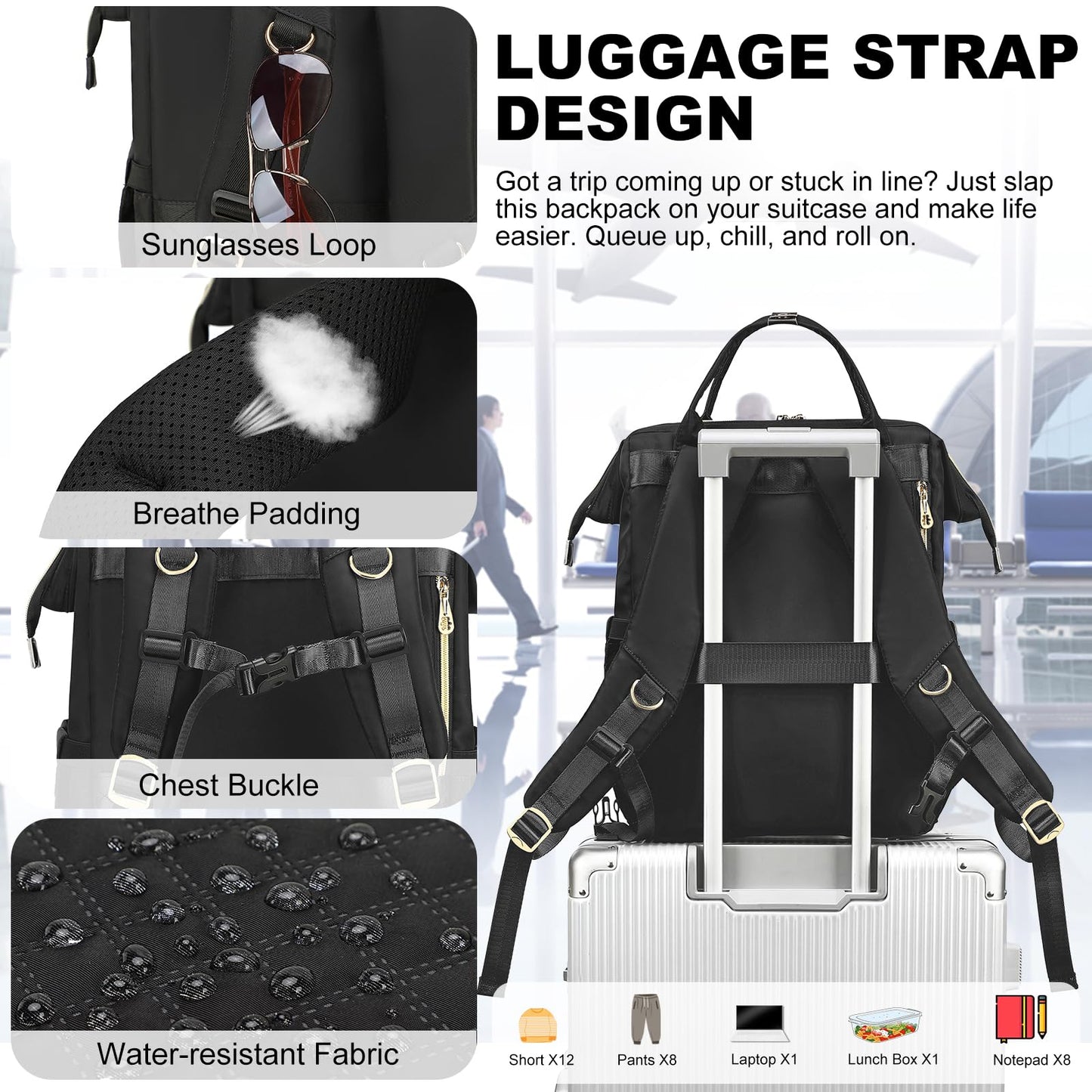 AIJIEKE Lunch Backpack for Women, 15.6 inch Laptop Backpack with Insulated Cooler Lunch Bag Set for Lunch Box Work Backpack for Travel Nurse Teacher, Black