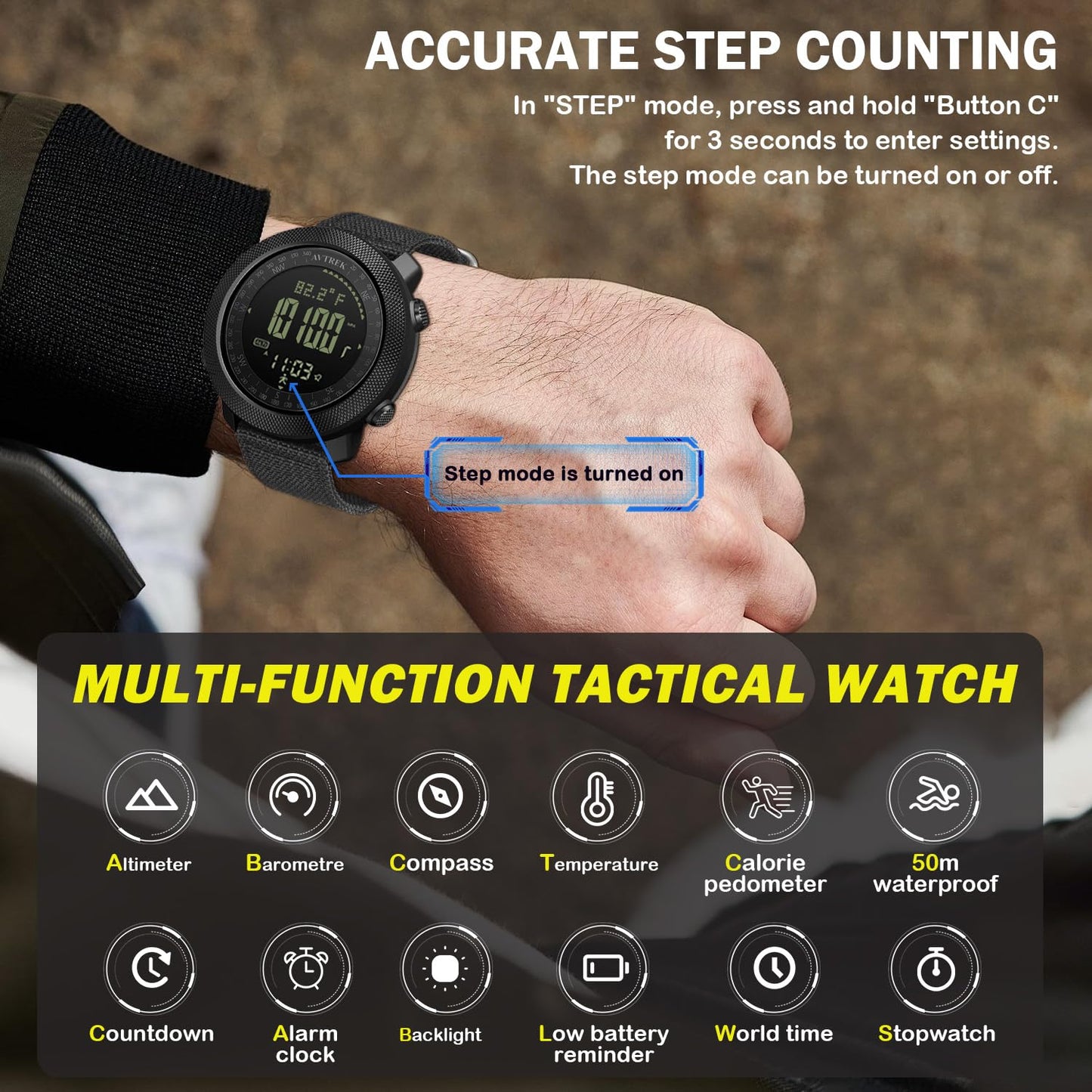 AVTREK Mens Outdoor Sport Tactical Survival Watches Hiking Digital Wrist Watch Swimming Military Army Altimeter Barometer Compass Watches