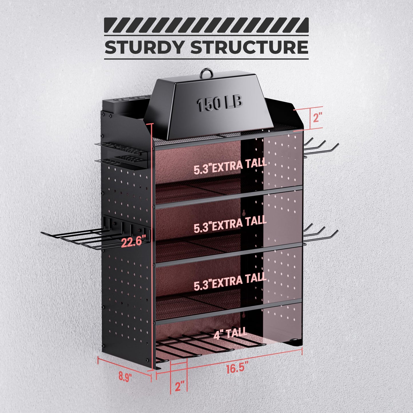 TRZZ Power Tool Organizer Wall Mount, 5-Layer Charging Station with 8 Outlets, 6 Drill Holders, 2 Side Pegboards, and Drill Bit Rack for Garage, Workbench, and Workshop (Black)
