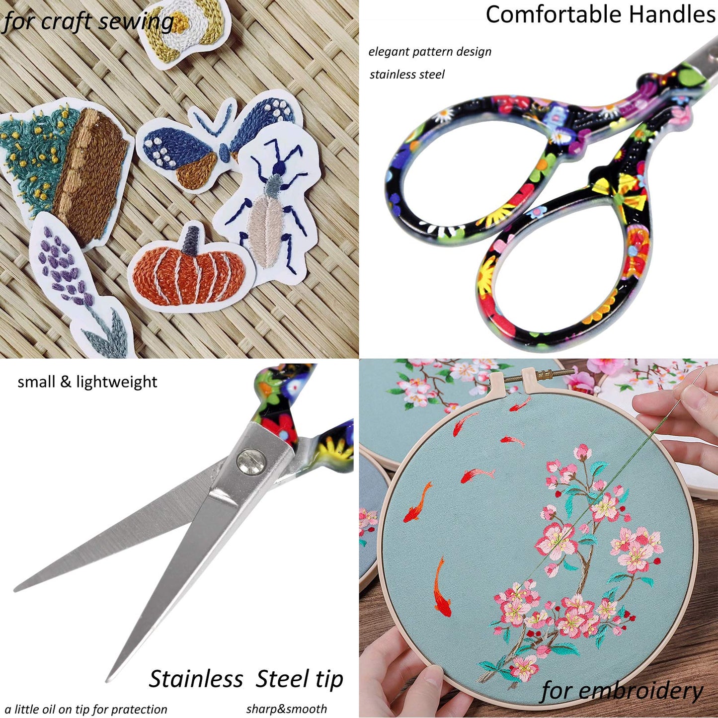 BIHRTC 3.6 Inch Embroidery Scissors - Sharp Stainless Steel Pointed Scissors for Cross Stitch, Sewing, Craft & DIY - Black Flower Design