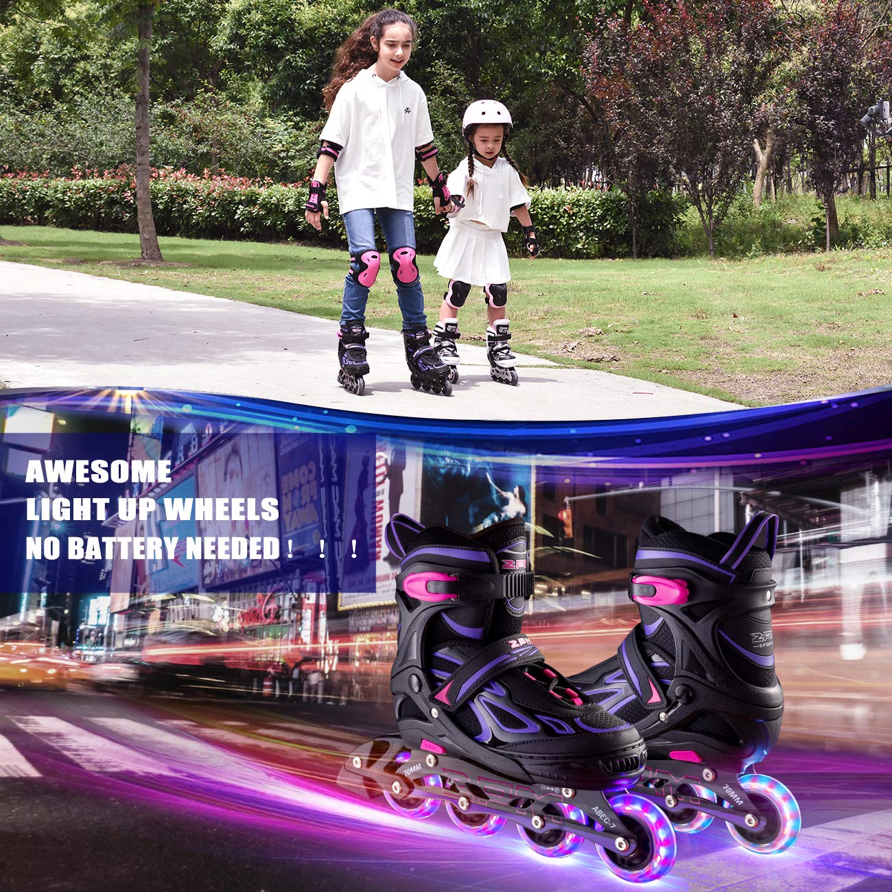 2pm Sports Vinal Girls Adjustable Inline Skates with Light up Wheels Beginner Skates Fun Illuminating Roller Skates for Kids Boys and Ladies - Violet Medium(1Y-4Y US)