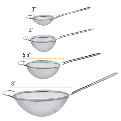U.S. Kitchen Supply - Set of 4 Premium Quality Fine Mesh Stainless Steel Strainers with Wide Resting Ear Design - 3", 4", 5.5" and 8" Sizes - Sift, Strain, Drain and Rinse Vegetables, Pastas & Tea