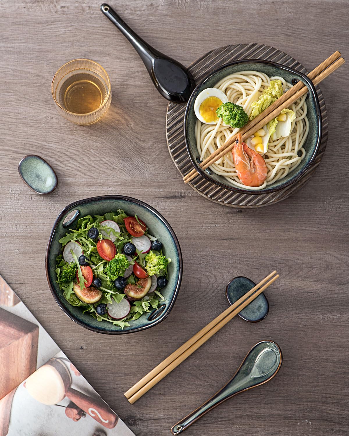 UNICASA Japanese Ramen Bowl Set with Chopsticks, Spoons and Rests, 20oz Deep Porcelain Noodle Bowl Set of 2 for Udon, Pho, Salad, Soup (Reactive Green)