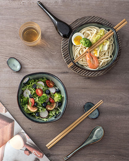 UNICASA Japanese Ramen Bowl Set with Chopsticks, Spoons and Rests, 20oz Deep Porcelain Noodle Bowl Set of 2 for Udon, Pho, Salad, Soup (Reactive Green)