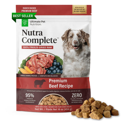 ULTIMATE PET NUTRITION Nutra Complete, 100% Freeze Dried Raw Veterinarian Formulated Dog Food with Antioxidants Prebiotics and Amino Acids (1 Pound, Beef)