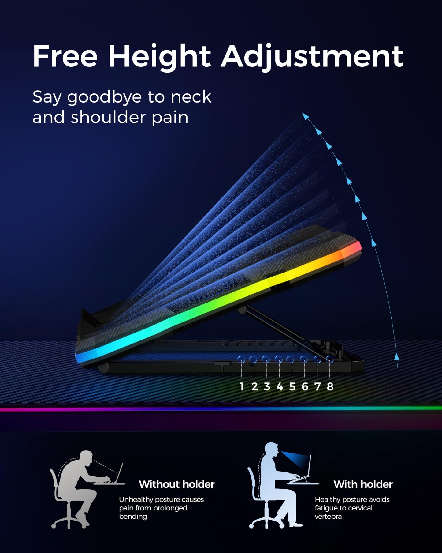 ChillCore Laptop Cooling Pad, RGB Lights Laptop Cooler 9 Fans for 15.6-19.3 Inch Laptops, Gaming Laptop Fan Cooling Pad with 8 Height Stands, 2 USB Ports - A21 Blue