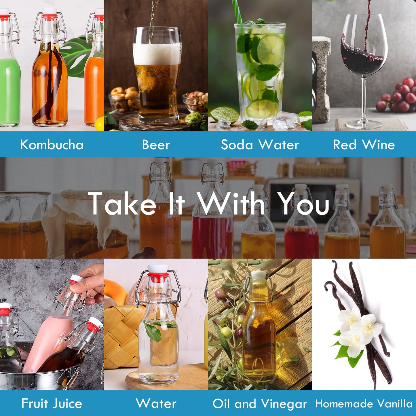 YEBODA 8oz Swing Top Bottles - Glass Beer Bottle with Airtight Rubber Seal Flip Caps for Home Brewing Kombucha, Beverages, Oil, Vinegar, Water, Soda, Kefir (9 Pack)