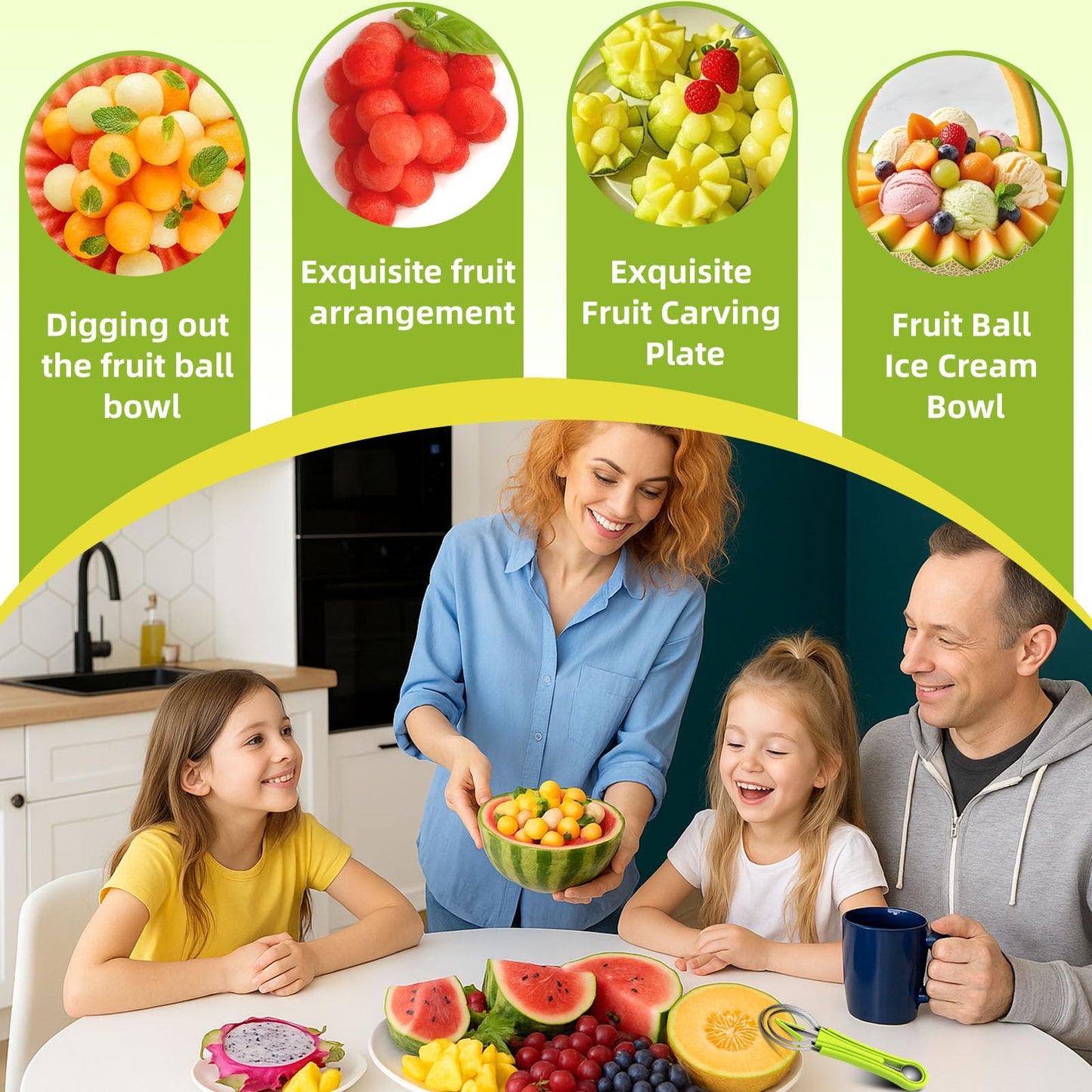 Suuker Melon Baller Scoop Set,4 In 1 fruit cutters shapes, watermelon scooper fruit scooper and baller, fruit carving tools（Green）