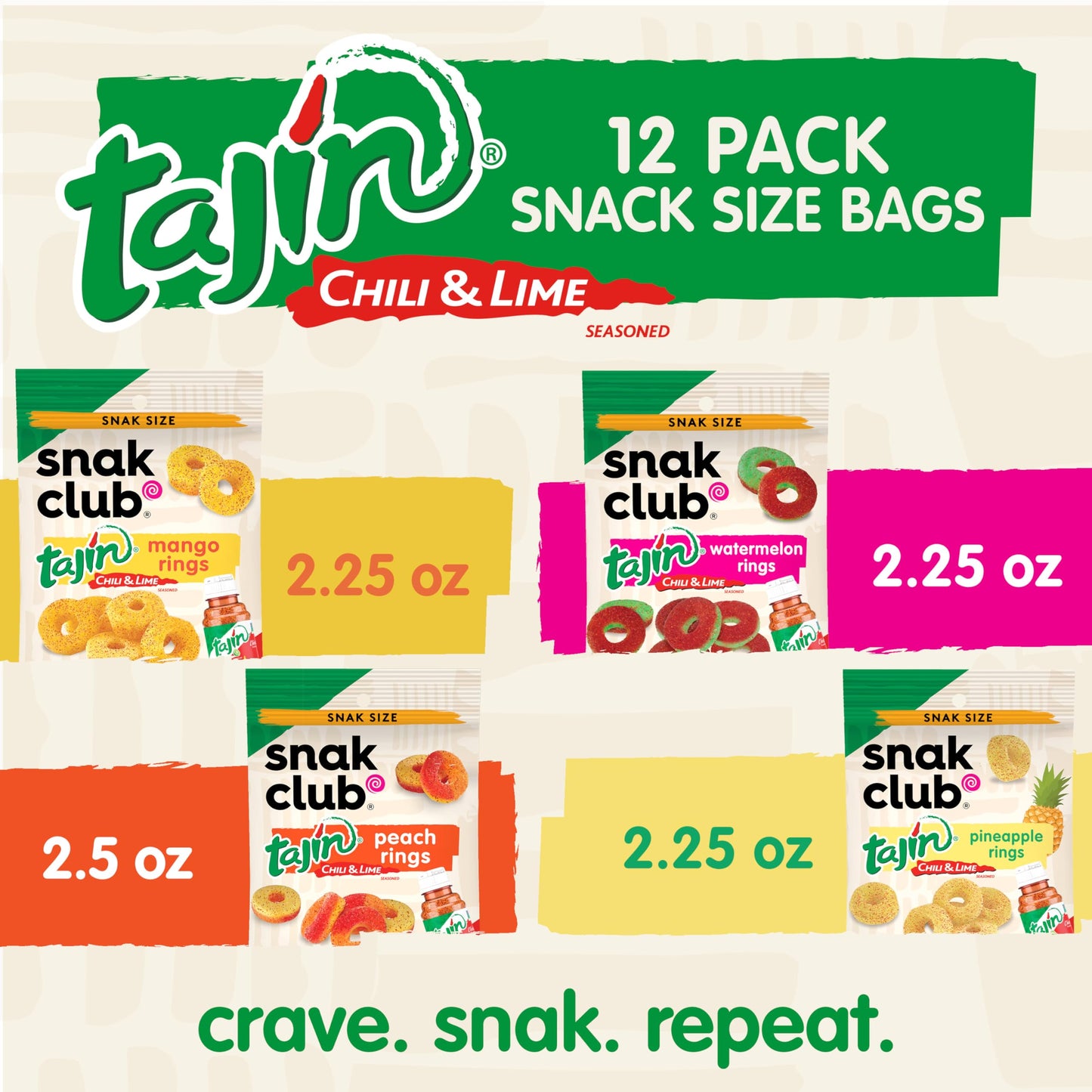 Snak Club Tajin Gummy Candy Fruit Rings, Gummies with Chili and Lime Seasoning, Mild Spice, Gluten-Free and Vegan Snacks, Assorted Variety, Mango, Pineapple, Peach, Watermelon, Snack Size 12 Pack