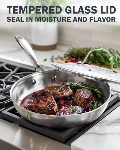 Cooks Standard Stainless Steel Frying Pan with Lid, 8-Inch Multi-Ply Clad Wok Stir Fry Pan, Kitchen Skillet, Silver