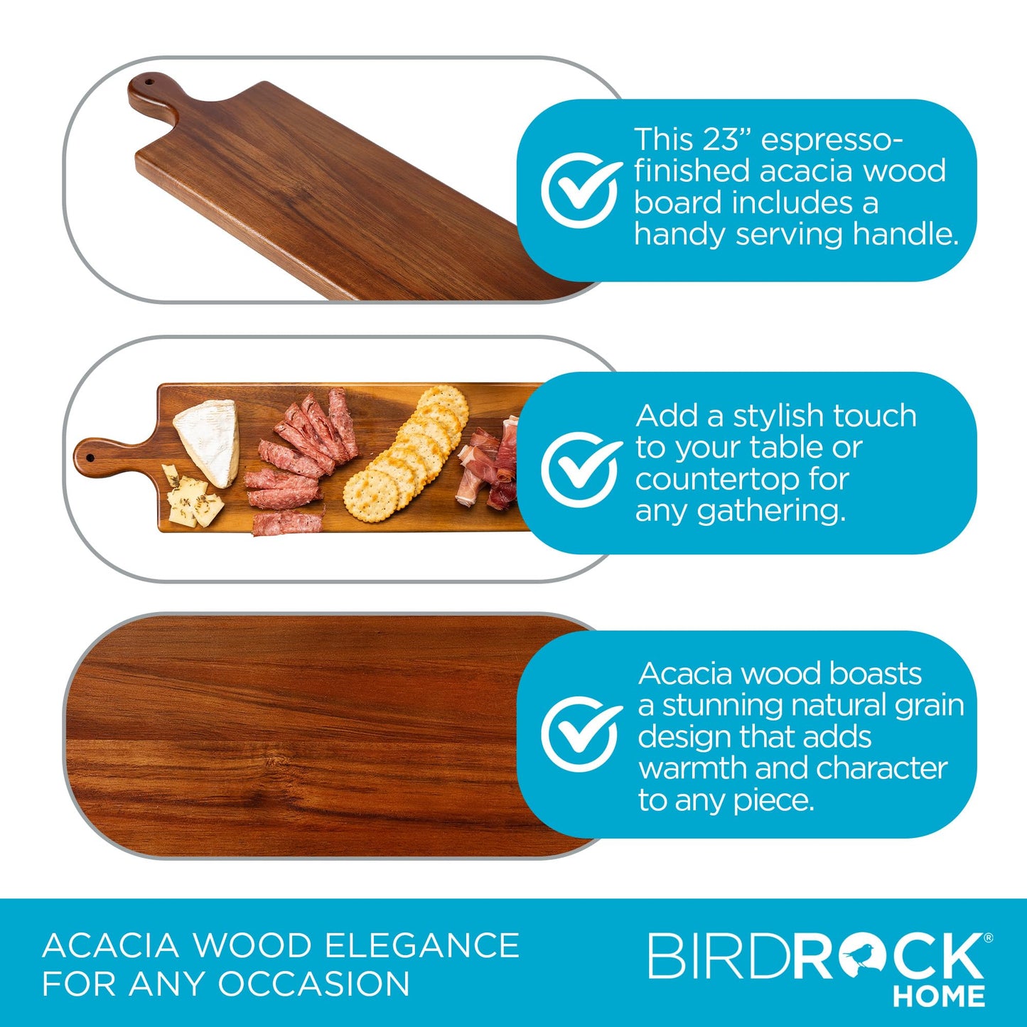 BIRDROCK HOME Acacia Wooden Serving Board with Handle - Long Charcuterie Tray for Party Cheese, Meat, Fruit & Bread Display - Decorative Food Platter for Kitchen - Natural Wood - Espresso, 23”