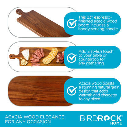 BIRDROCK HOME Acacia Wooden Serving Board with Handle - Long Charcuterie Tray for Party Cheese, Meat, Fruit & Bread Display - Decorative Food Platter for Kitchen - Natural Wood - Espresso, 23”