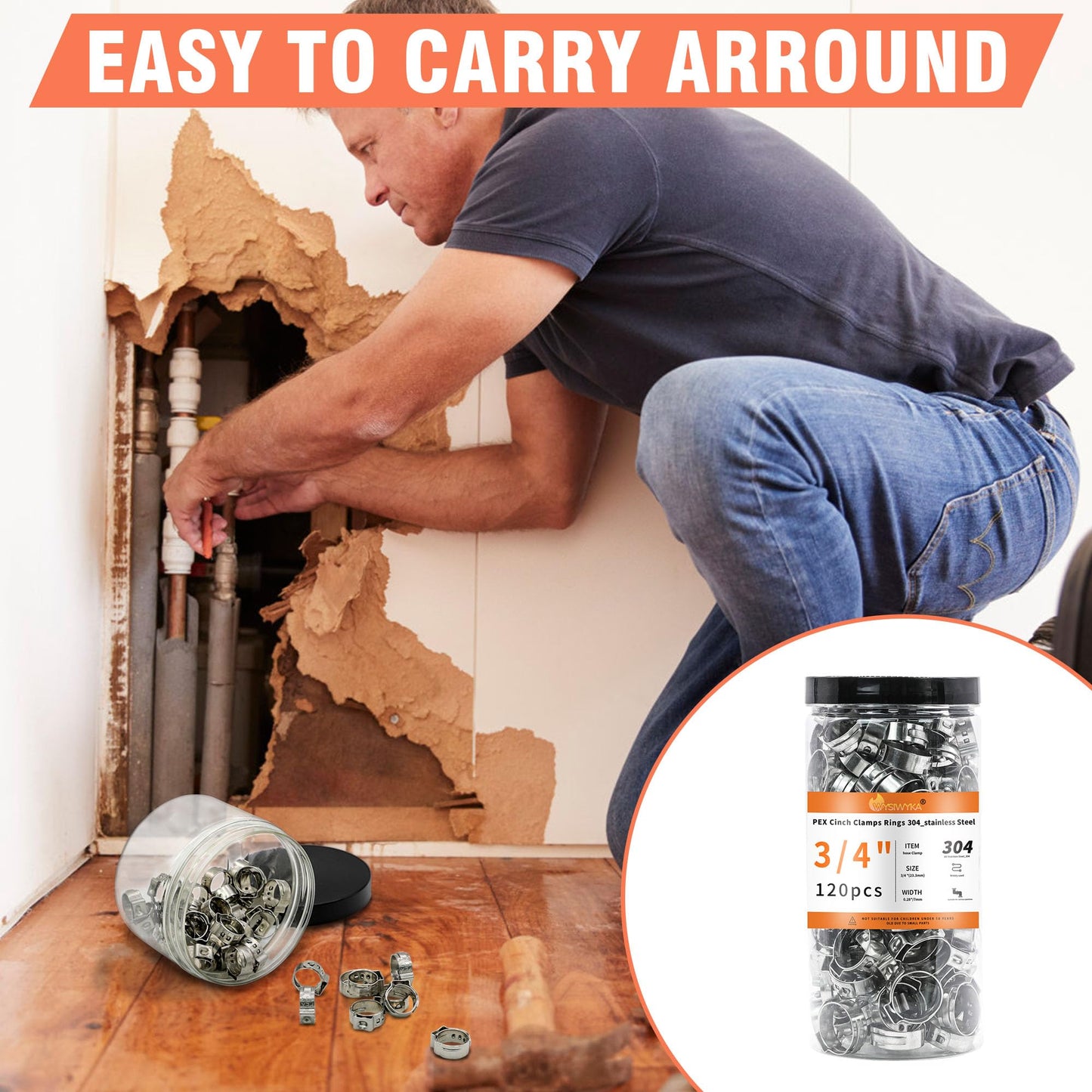 WYSIWYKA 120pcs 3/4 inch PEX Cinch Clamps Rings, 304 Stainless Steel Single Ear Hose Clamps, Pex Crimp Rings for PEX Tubing Pipe Fitting Connections