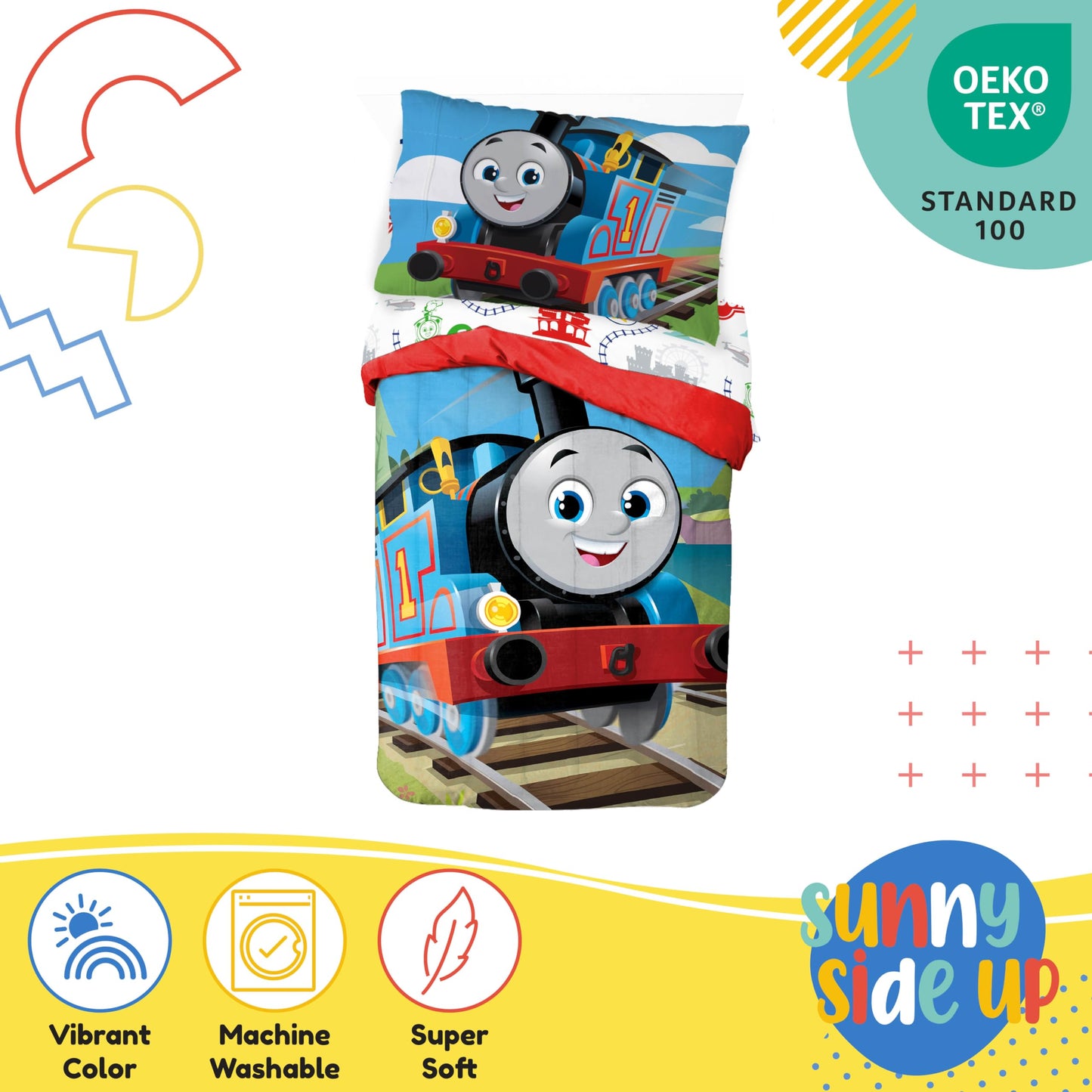 Sunny Side Up Mattel Thomas & Friends Toddler Comforter Set - 4 Piece Preschool Bedding Includes Comforter, Sheets & Pillow Cover - Super Soft Trains Microfiber Bed Set