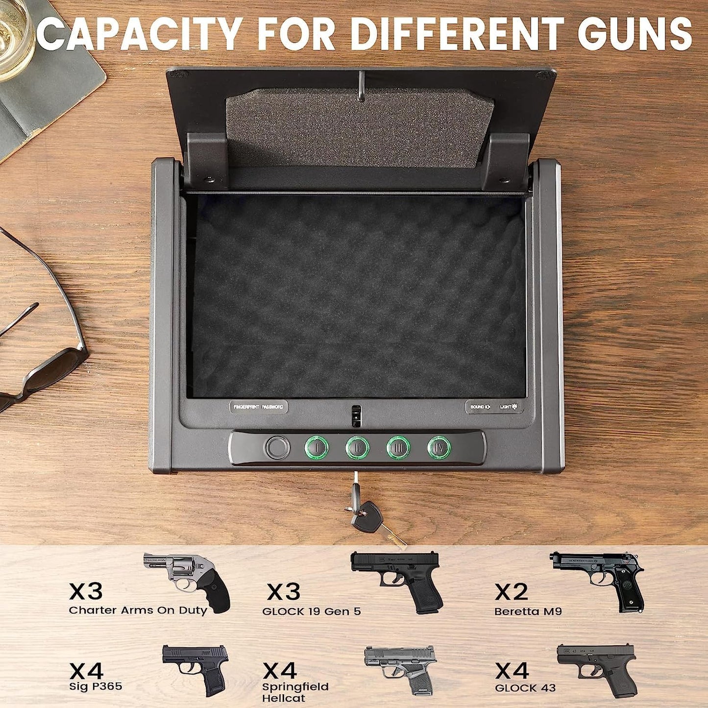 SOULYI Biometric Fingerprint Gun Safe for 3 Pistols Safe DOJ Certified with 3 Quick Access Handgun,Digital Keypad Frosted Black Bedside Firearm Safety Car Safe Hardened Steel Lock Box