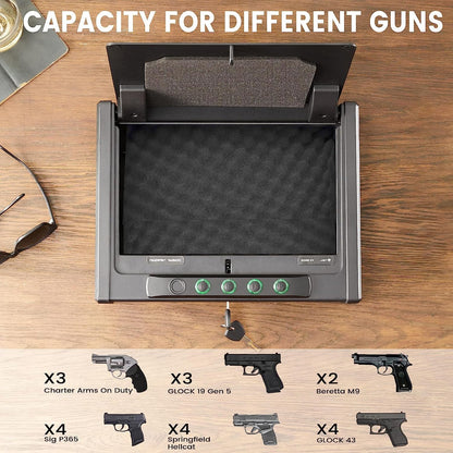 SOULYI Biometric Fingerprint Gun Safe for 3 Pistols Safe DOJ Certified with 3 Quick Access Handgun,Digital Keypad Frosted Black Bedside Firearm Safety Car Safe Hardened Steel Lock Box