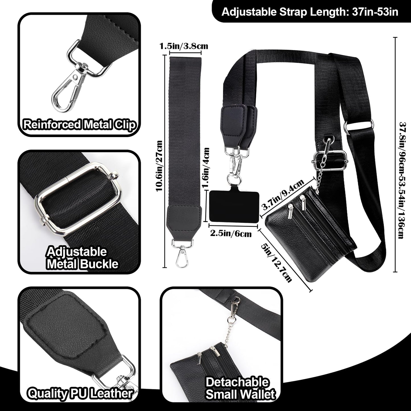 XANGNIER Clip and Go Strap for Phone with Wallet Crossbody, Phone Strap with Zippered Wallet, Adjustable Anti Theft Cellphone Lanyard for Women, Cellphone Chain Accessories, Black