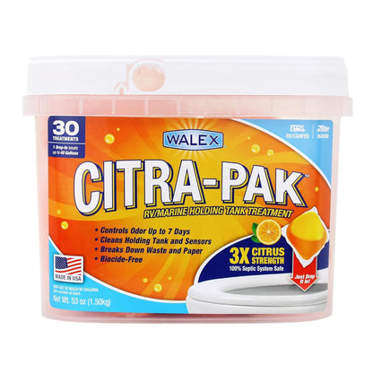 Walex Citra-Pak RV/Marine Holding Tank Deodorizer Drop-Ins - Waste Breakdown & Odor Control, Cleans Holding Tank & Sensors, Biocide-Free, Treatment for RVs, Boats, & Portable Toilets - Citrus, 30 Pack
