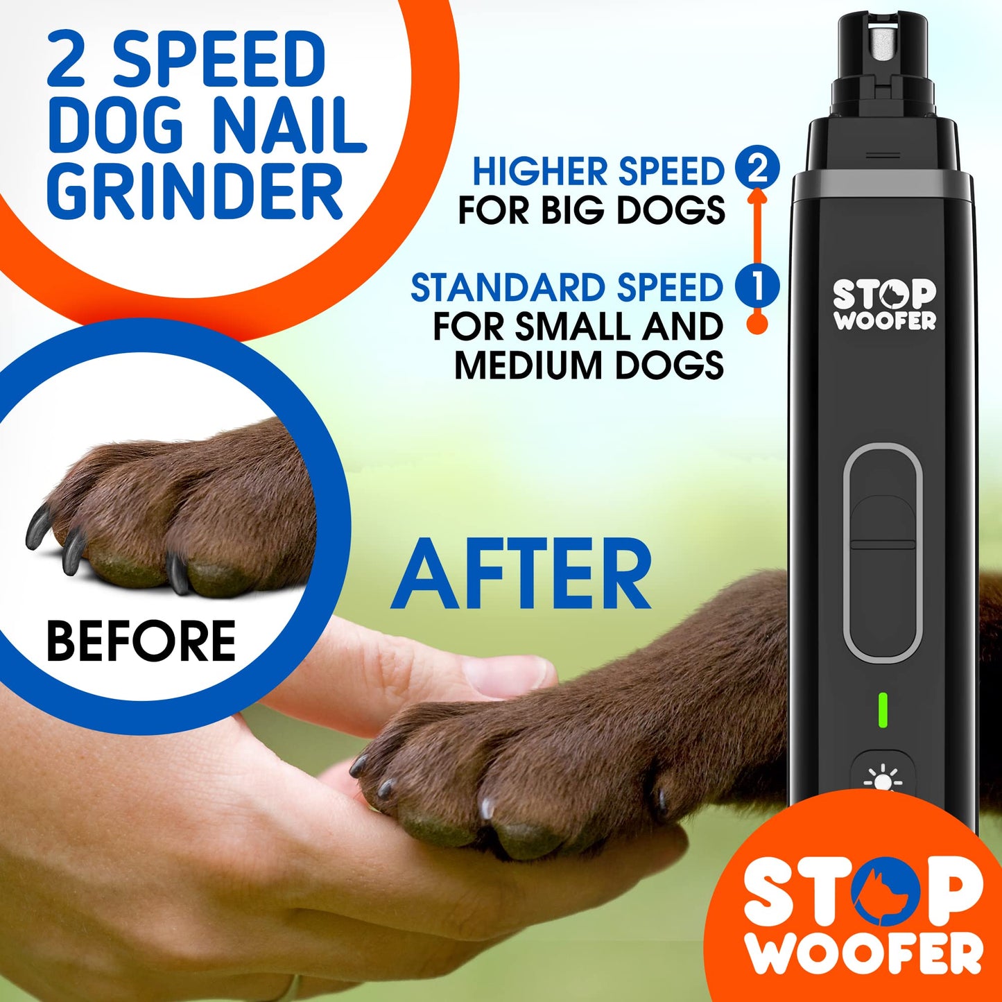 STOPWOOFER Dog Nail Grinder with 2 LED Light for Small Medium Large Dogs - New Version 2-Speed Powerful Electric Pet Nail Trimmer Quiet Painless Paws Grooming - Rechargeable Pet Nail Grinder for Dogs