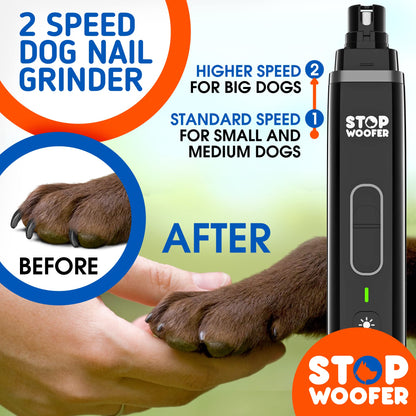 STOPWOOFER Dog Nail Grinder with 2 LED Light for Small Medium Large Dogs - New Version 2-Speed Powerful Electric Pet Nail Trimmer Quiet Painless Paws Grooming - Rechargeable Pet Nail Grinder for Dogs