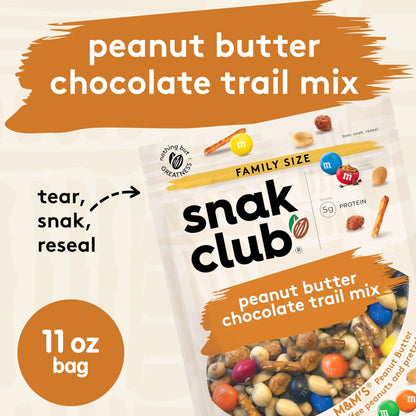 Snak Club Peanut Butter Chocolate Trail Mix with Peanuts, Peanut Butter M&M’S, Toffee Peanuts, and Pretzels, 11 oz Resealable Bag