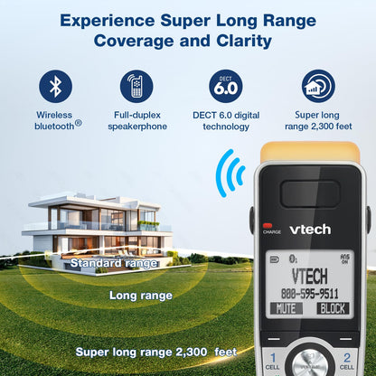 VTech IS8151-5 Super Long Range 5 Handset DECT 6.0 Cordless Phone for Home with Answering Machine, 2300 ft Range, Call Blocking, Bluetooth, Headset Jack, Power Backup, Intercom, Expandable to 12 HS
