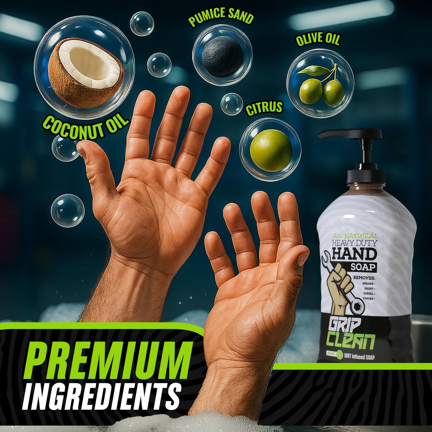 Grip Clean Squeeze Bottle & Brush Combo - Heavy-Duty Degreaser Hand Cleaner & Nail Brush Set - Tackle Grease, Oil, & Grime with Natural Pumice Soap & Nail Cleaning Scrub for Clean Hands & Nails