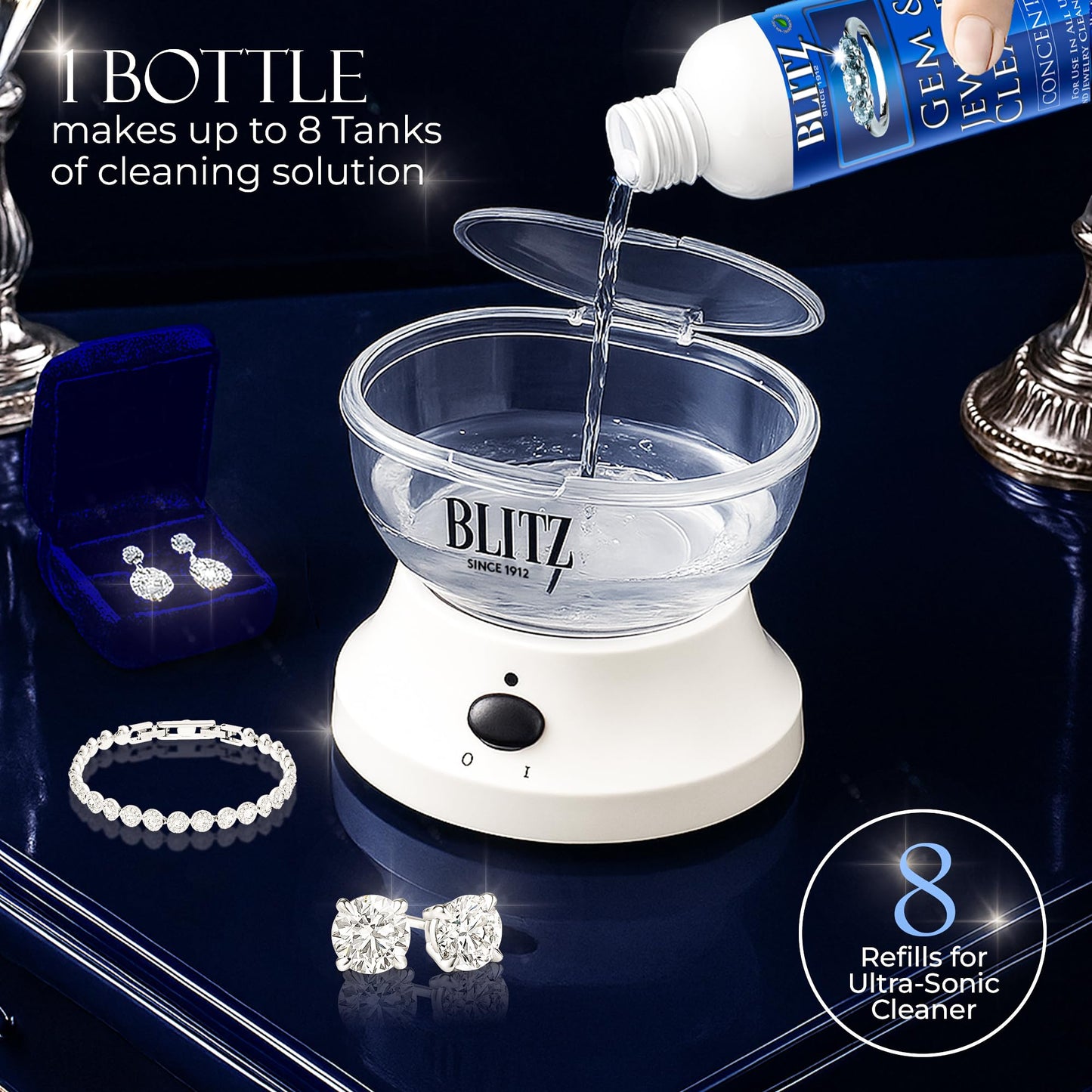Blitz Gem & Jewelry Cleaner Liquid Concentrate for Gold, Silver, & Platinum Jewelry Cleans Non-Porous, Precious & Semi-Precious Stones. Non-Toxic, Non-Abrasive, & Planet Friendly Made in USA 8oz