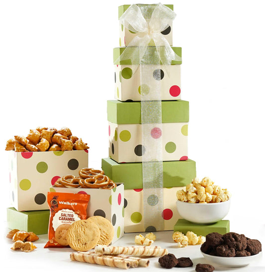 Broadway Basketeers Food Gift Basket Tower Snack Gifts for Women, Men, Families, College, Delivery for, Appreciation, Thank You, Birthday, Corporate, Get Well Soon Care Package