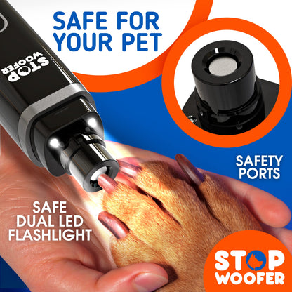 STOPWOOFER Dog Nail Grinder with 2 LED Light for Small Medium Large Dogs - New Version 2-Speed Powerful Electric Pet Nail Trimmer Quiet Painless Paws Grooming - Rechargeable Pet Nail Grinder for Dogs