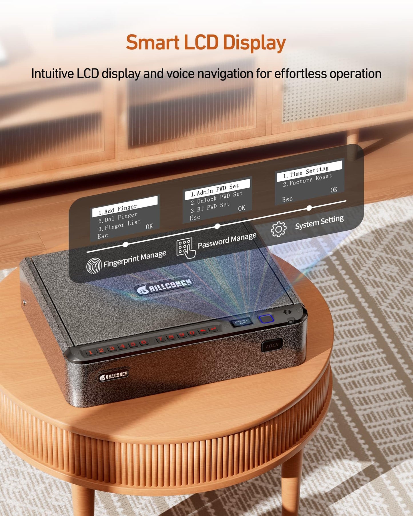 BILLCONCH Smart Gun Safe with Security Cable - Biometric Pistol Safe for Handgun 4 Ways Quick Access with Fingerprint/Keypad/Key/APP Lock, for Nightstand Bedside Home Car with LCD and Voice Guide