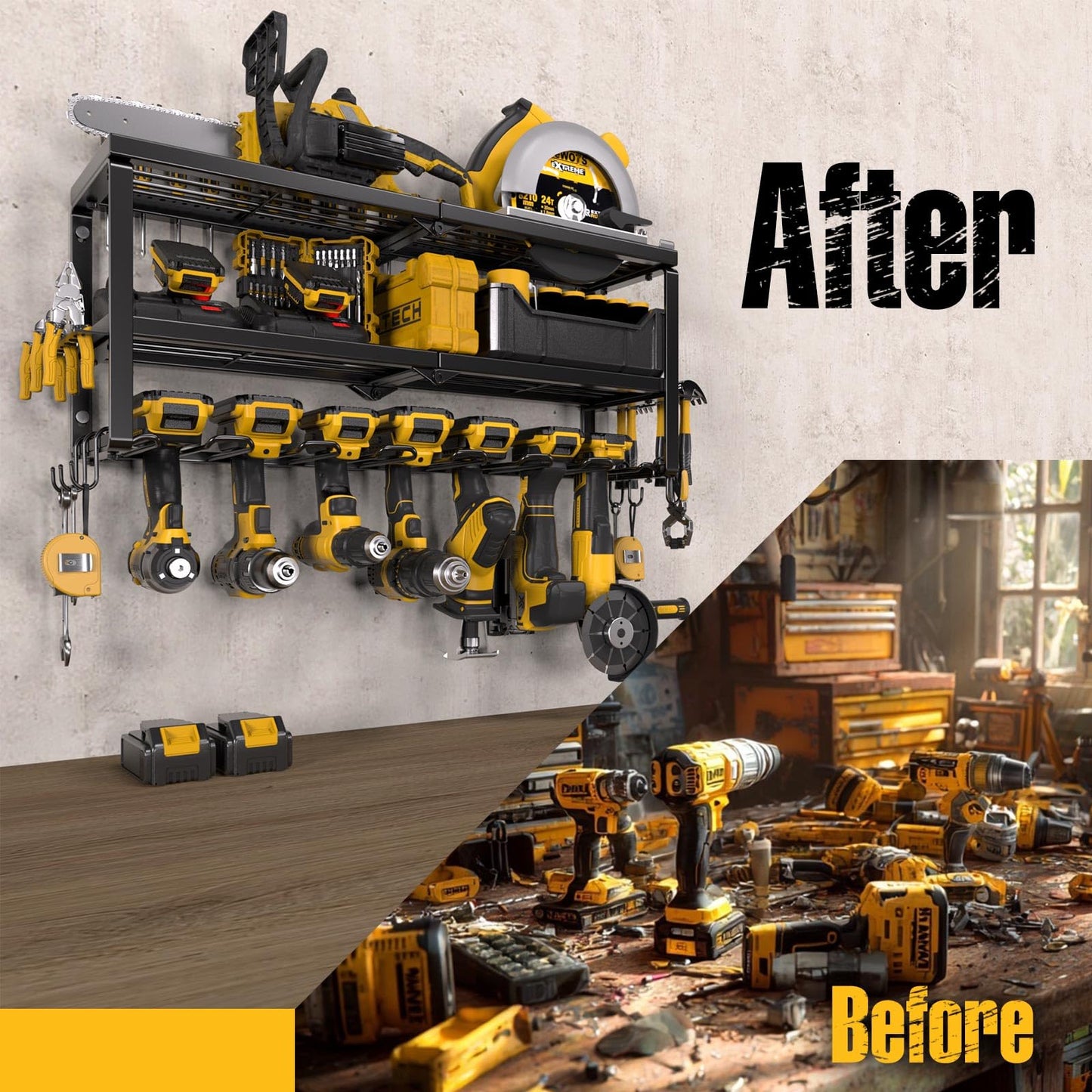 Spampur Power Tool Organizer for Tool Storage, Drill Holder Wall Mount with Charging Station, Tool Holder and Storage Rack for Garage Organization, Heavy Duty Metal Tool Shelf with Battery Holder