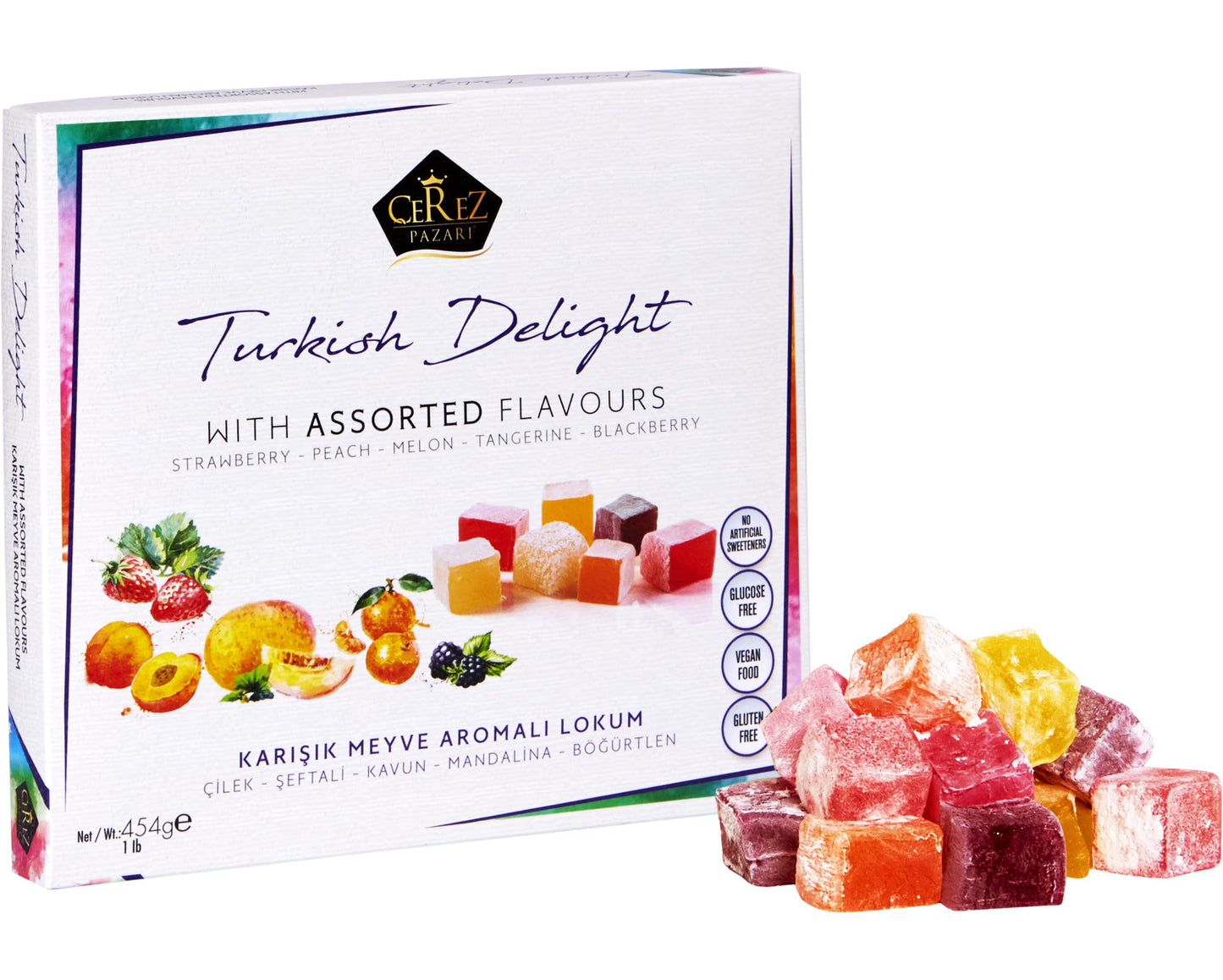 Cerez Pazari Turkish Delight Candy With Assorted Flavors, Gourmet Medium Size Snacks Gift Box, Sweet Luxury Traditional Confectionery Loukoumi, Vegan Lokum, Approx. No Nuts, 42 Pcs, 16 oz.
