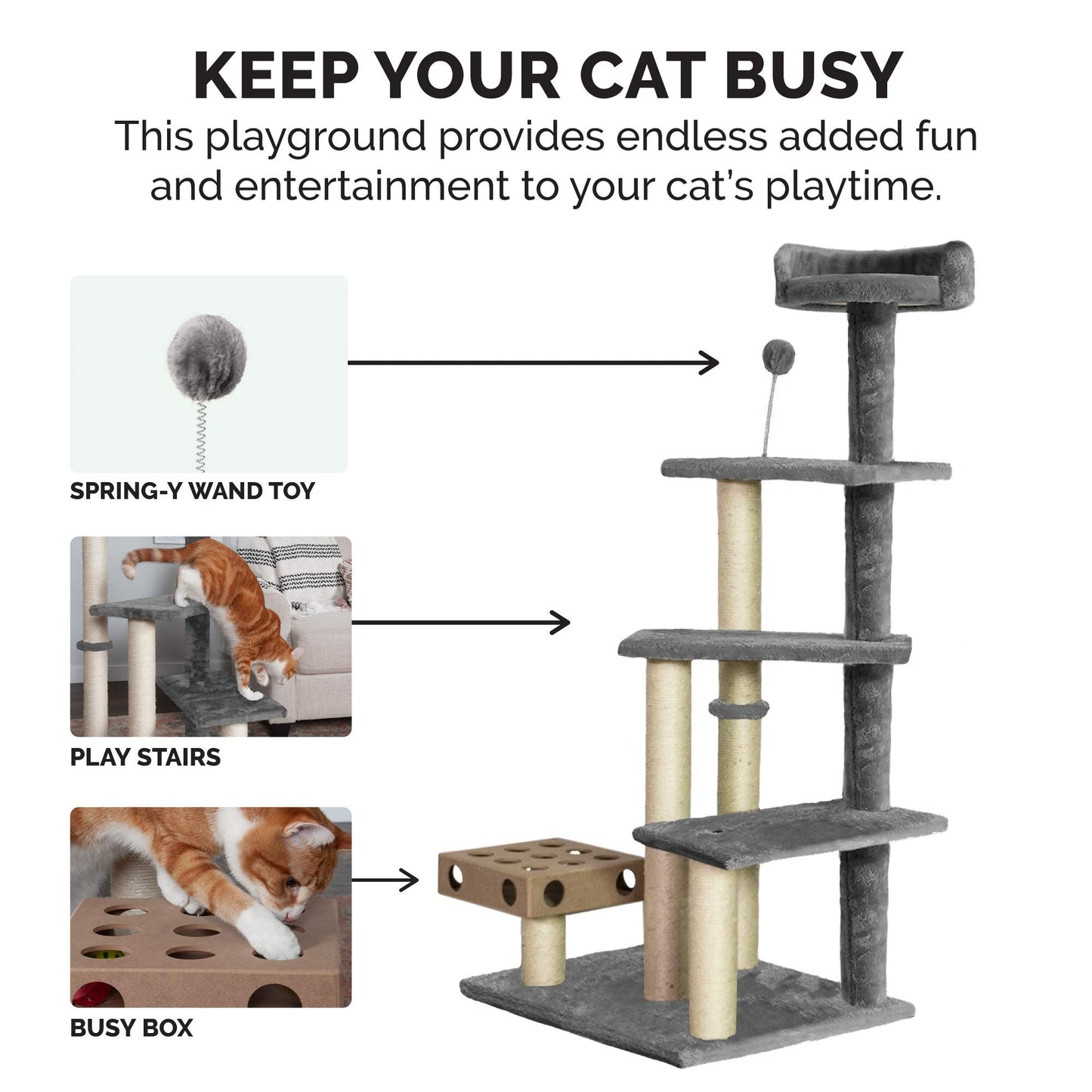 Furhaven 49.5" Tall Cat Tree for Indoor Cats, Ft. Sisal Scratching Posts, Plush Ball Toy, & Busy Box Toy - Tiger Tough Play Stairs Interactive Playground Tower - Gray, One Size