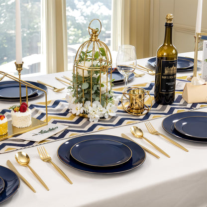bUCLA 150PCS Blue and Gold Plastic Plates - 25 Guests Navy Blue Plastic Dinnerware Disposable for Party - Include 25 Dinner/Dessert Plates, 25 Knives, 25 Forks, 25 Spoons, 25 Cups