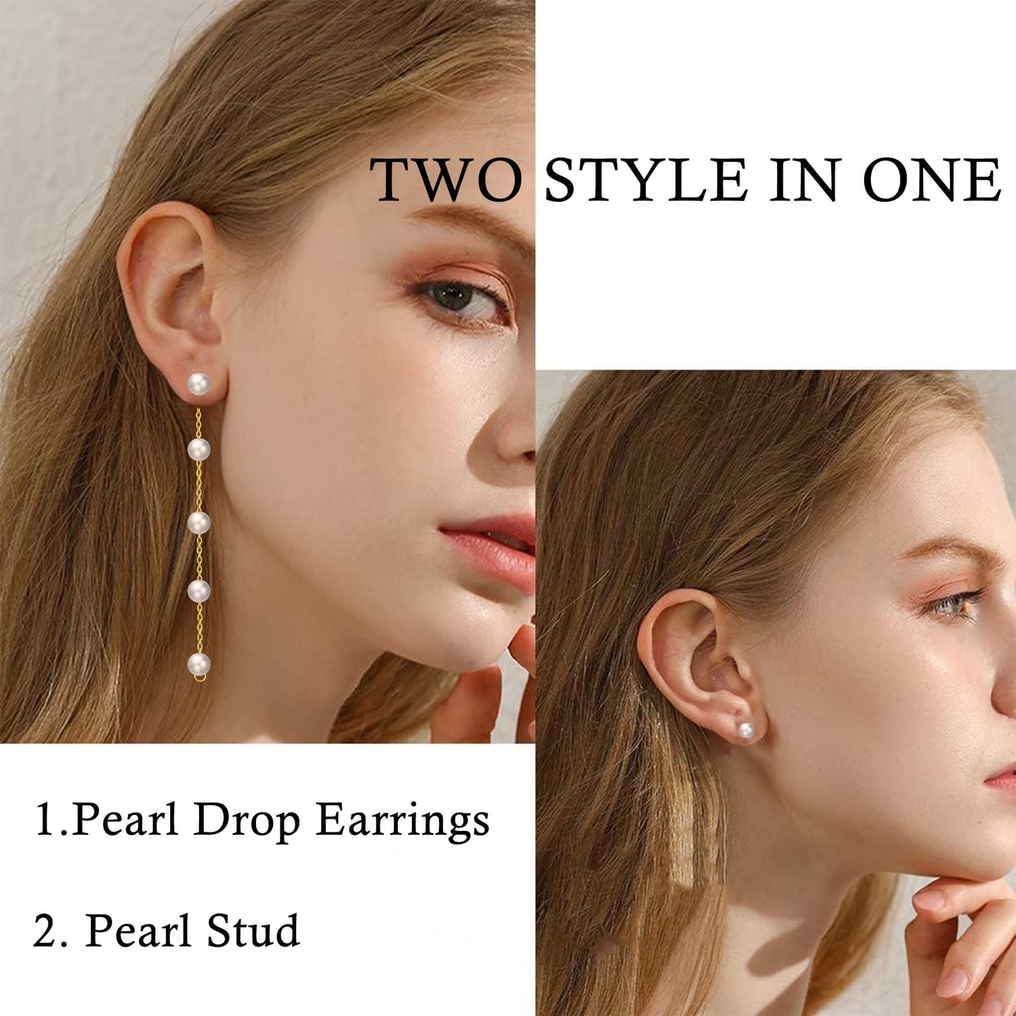 Trinckle Pearl Earrings for Women, 14k Gold Pearl Drop Earrings Statement Boho Earings, 5mm White Gold Dangle Accessories for Bride Wedding, Guest Formal Jewelry Bridal Gifts for Summer Prom Birthday