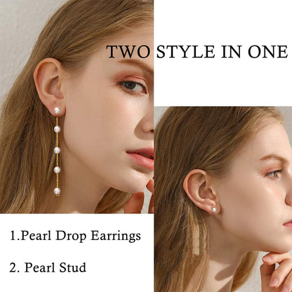 Trinckle Pearl Earrings for Women, 14k Gold Pearl Drop Earrings Statement Boho Earings, 5mm White Gold Dangle Accessories for Bride Wedding, Guest Formal Jewelry Bridal Gifts for Summer Prom Birthday