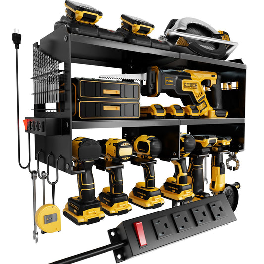 Spampur Power Tool Organizer Wall Mount with Charging Station, 3 Layer Heavy Duty Metal Tool Storage Rack Loads 4200lbs with 6 Cordless Drill Holder, Tool Storage Rack with 4 Outlet Power Strip