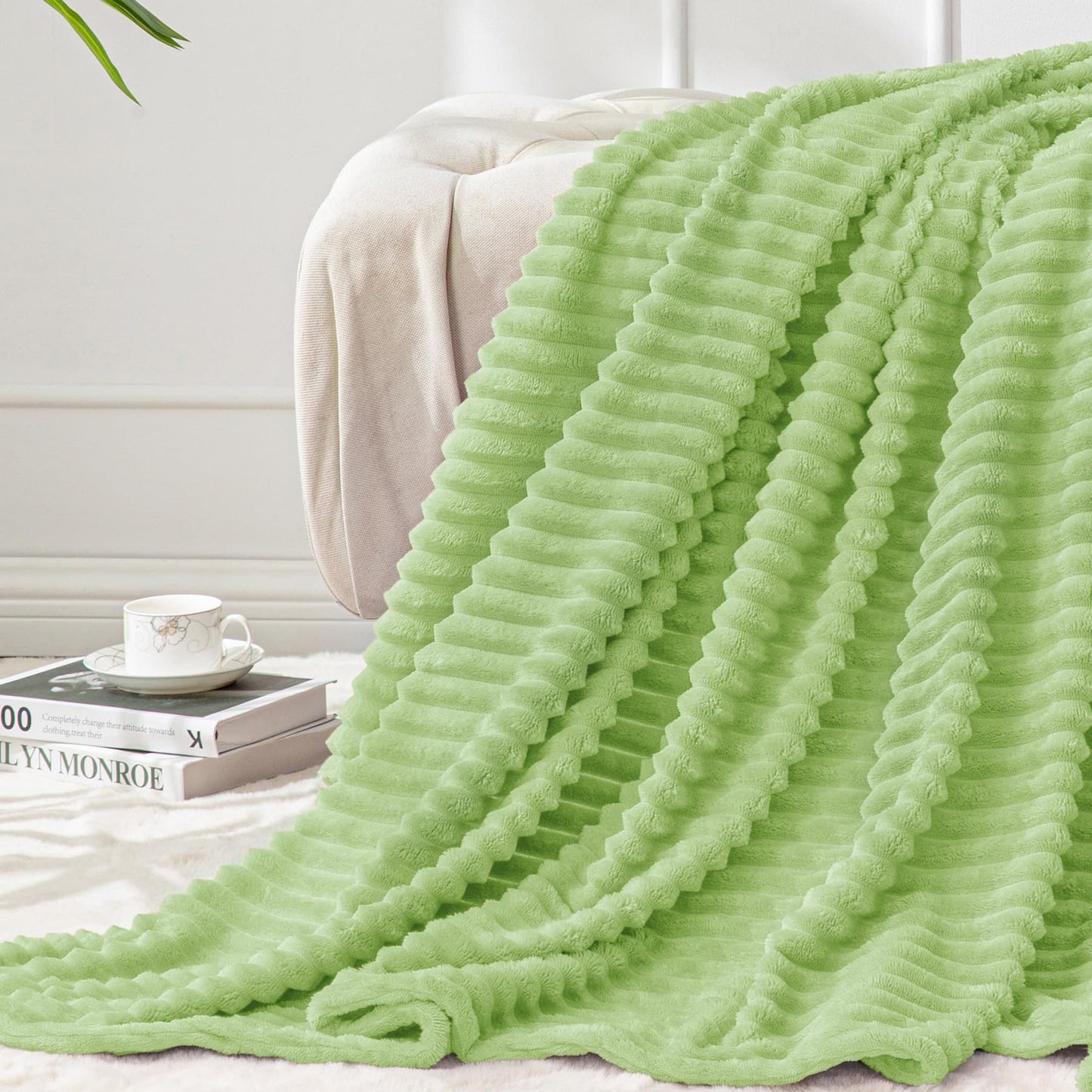 BEDELITE Sage Green Throw Blanket for Couch, 3D Ribbed Jacquard Soft & Cozy Fleece Blanket, Fluffy, Plush Lightweight Spring Throw Blankets for Picnic, Travel, 50x60 Inches