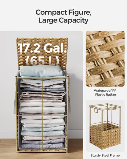SONGMICS Laundry Hamper with Lid, 17.2 Gallon (65 L) Synthetic Rattan Clothes Laundry Basket with Lid and Handles, Foldable, Removable Liner, Goose Yellow ULCB165N01