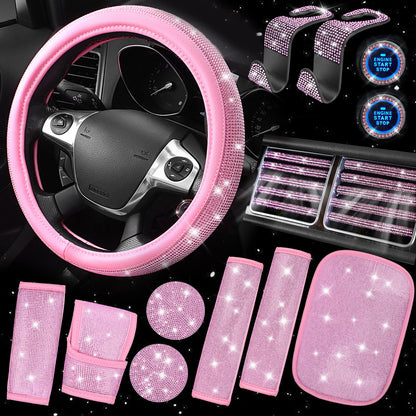 CAR PASS Bling Pink Car Accessories Set for Women, Sparkly Rhinestone Diamond Steering Wheel Cover Seat Belt Cushion Glitter Shift Knob Cover Car Cup Holder Coaster Cute Interior Sets, Pink 22 PCS