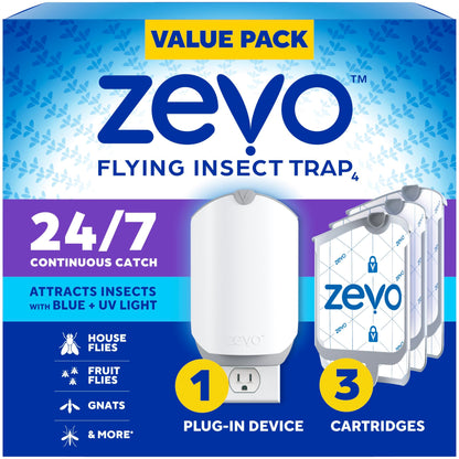 Zevo Flying Insect Trap & 3 Refill Cartridges - Plug in Fly Trap & Indoor Bug Catcher for Gnats, House & Fruit Flies - Blue & UV Light Technology, Mess-Free Alternative to Bug Zapper