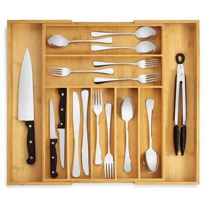 Purawood Bamboo Drawer Organizer - Expandable Silverware Organizer & Utensil Drawer Organizer, Cutlery Tray with Dividers, 7-9 Slots- Kitchen Organizer for Utensils & Flatware (Natural)